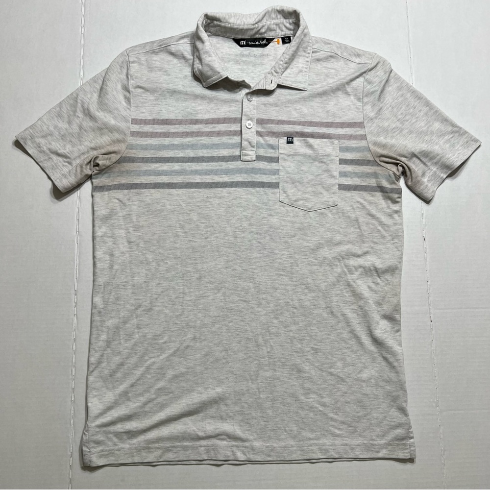Travis Mathew Polo Shirt Mens Medium Gray Stripped Pocket Rugby Golf